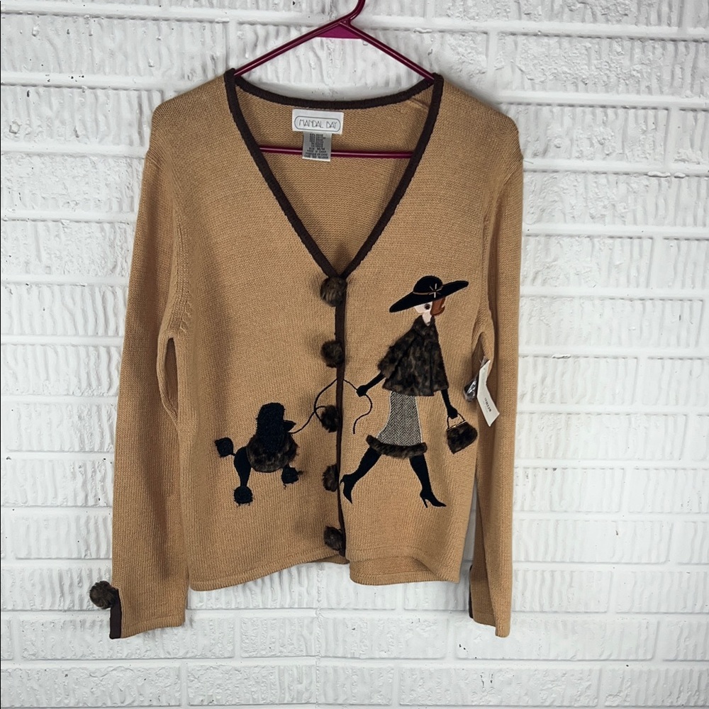 Vintage Mandal Bay Camel V-Neck Cardigan with Woman-and-Poodle Appliqué